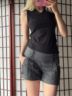 Guess Charcoal Pinstripe High-Waist Button Shorts